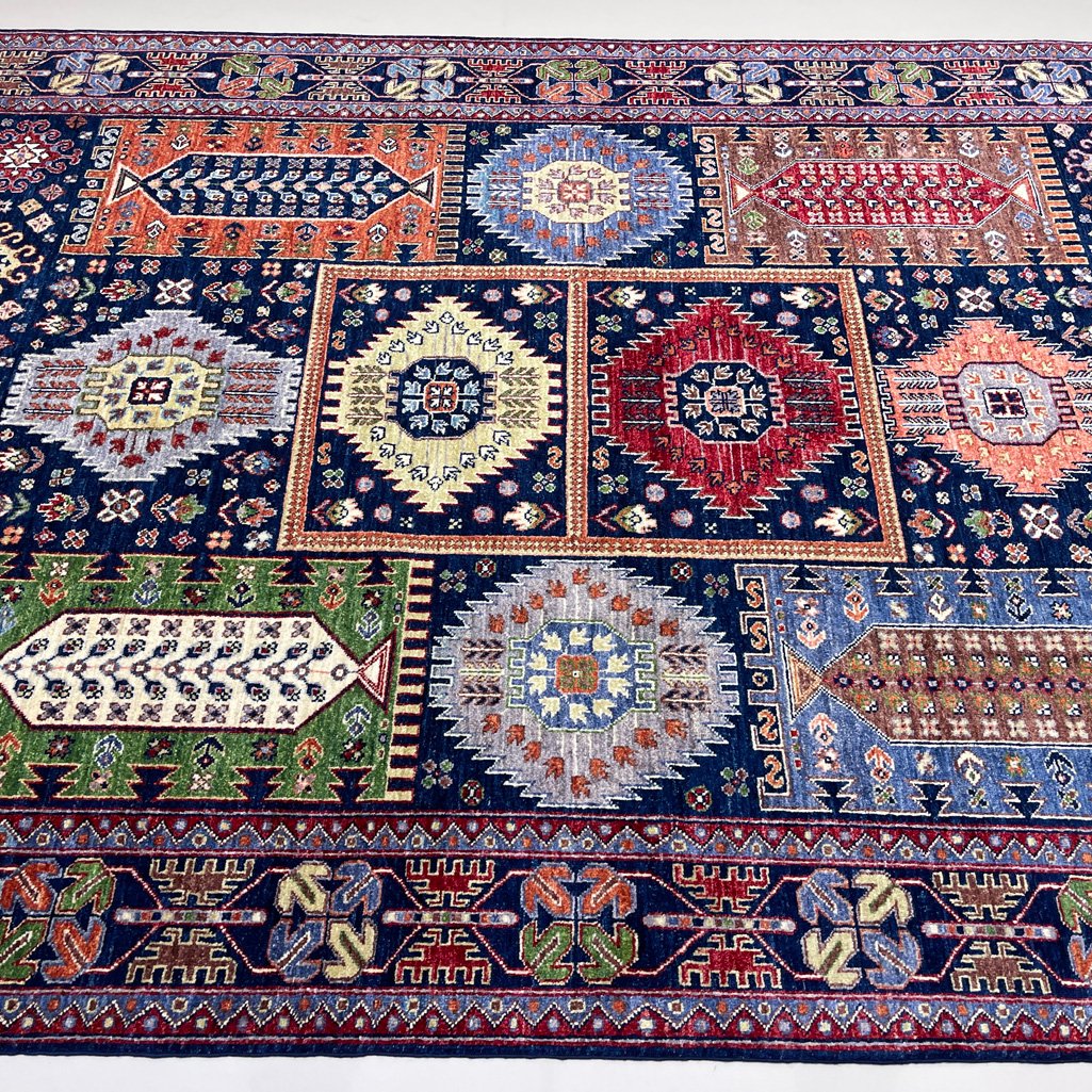 El Dokuma Lacivert Afgan Veziri Kabile Yün Halı (190x270 cm) - Görsel 8