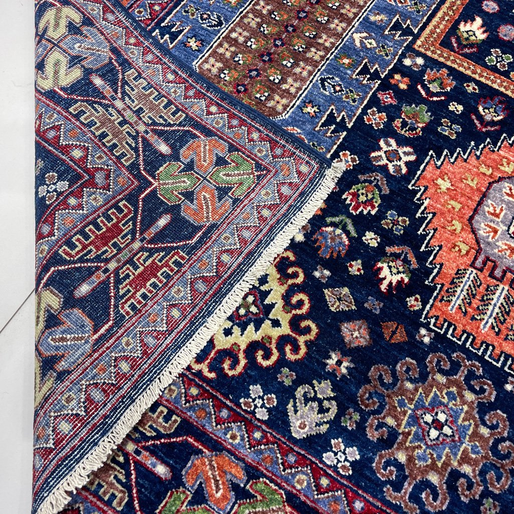 El Dokuma Lacivert Afgan Veziri Kabile Yün Halı (190x270 cm) - Görsel 6