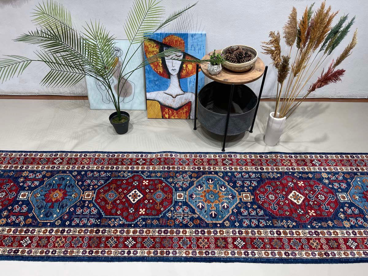 El Dokuma Lacivert Afgan Kabile Yün Yolluk Halı (80x390 cm) - Görsel 3