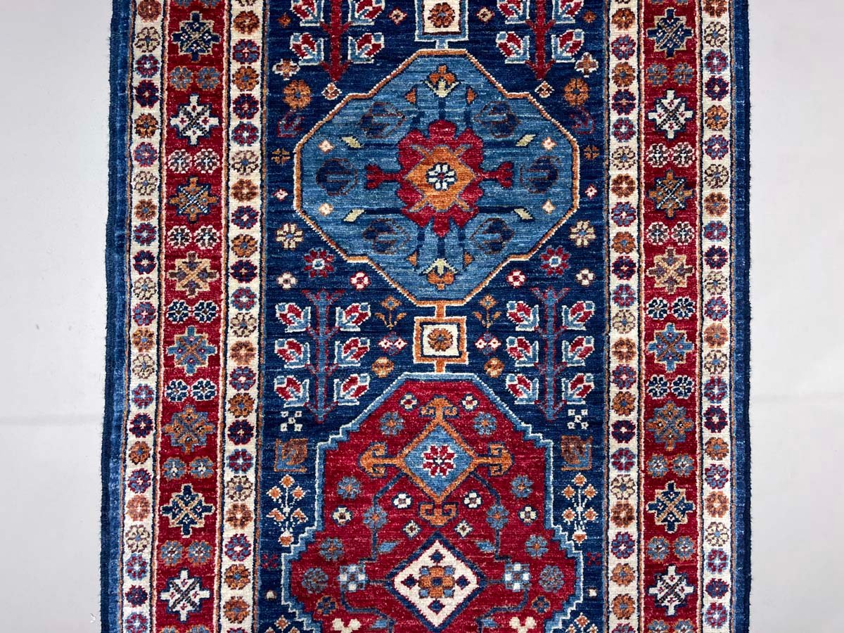 El Dokuma Lacivert Afgan Kabile Yün Yolluk Halı (80x390 cm) - Görsel 6