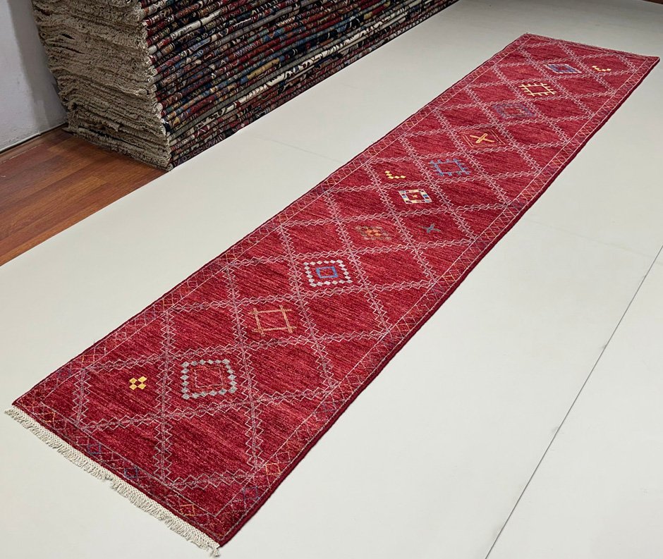 El Dokuma Bordo Modern Yün Yolluk Halı (85x385 cm) - Görsel 6