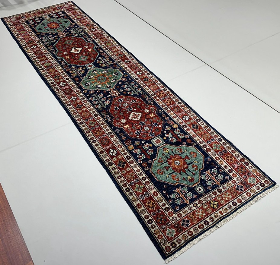 El Dokuma Lacivert Afgan Kabile Yün Yolluk Halı (85x300 cm) - Görsel 5