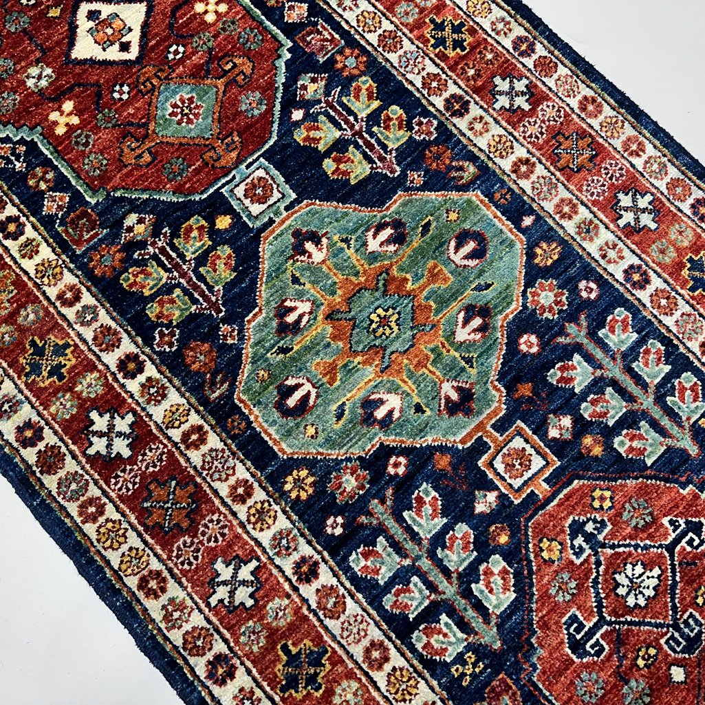 El Dokuma Lacivert Afgan Kabile Yün Yolluk Halı (85x300 cm) - Görsel 4