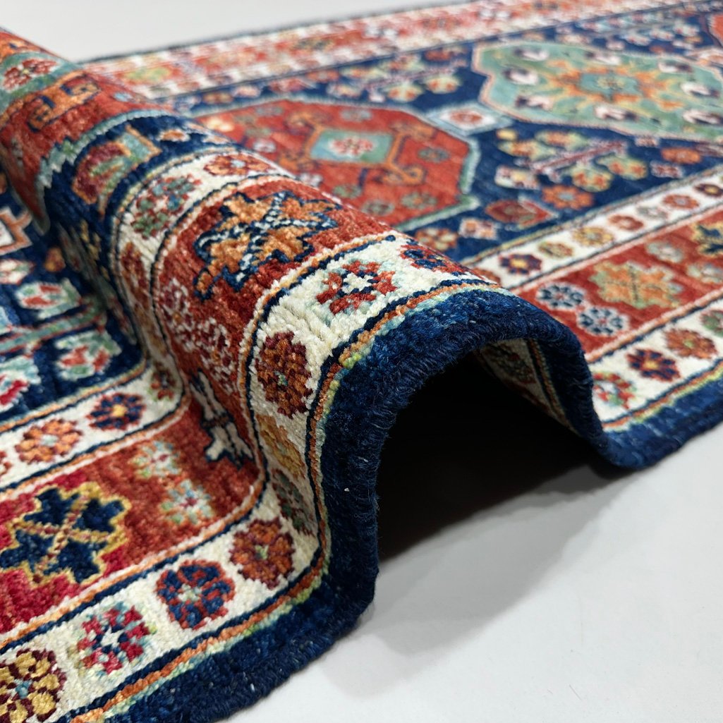 El Dokuma Lacivert Afgan Kabile Yün Yolluk Halı (85x300 cm) - Görsel 3