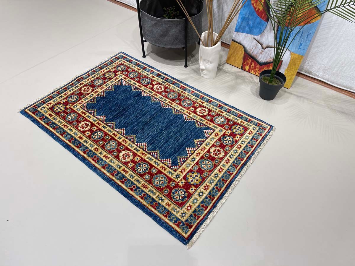 El Dokuma Mavi Afgan Kabile Yün Halı (80x120 cm) - Görsel 2