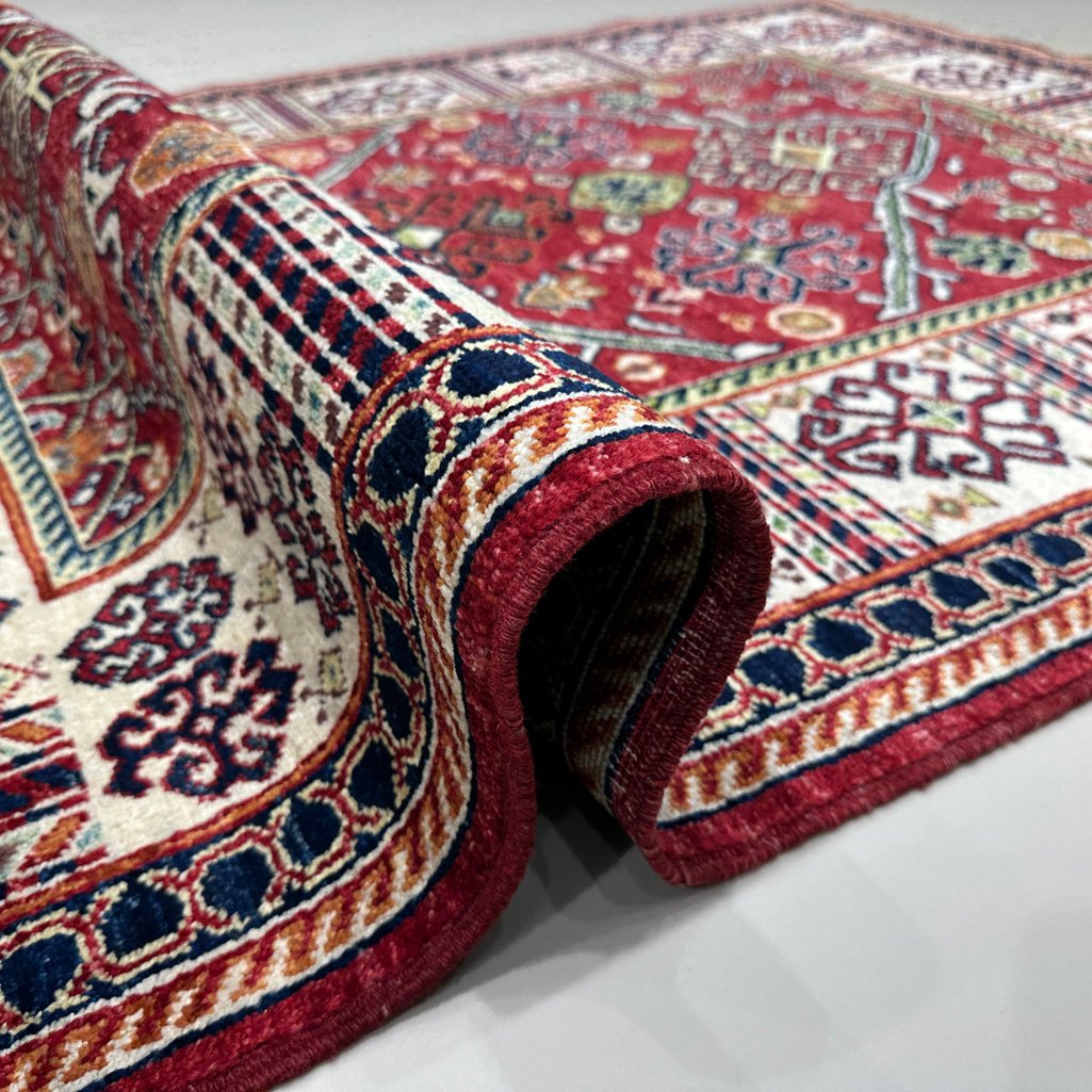 El Dokuma Kırmızı Afgan Kabile Yün Halı (150x230 cm) - Görsel 3