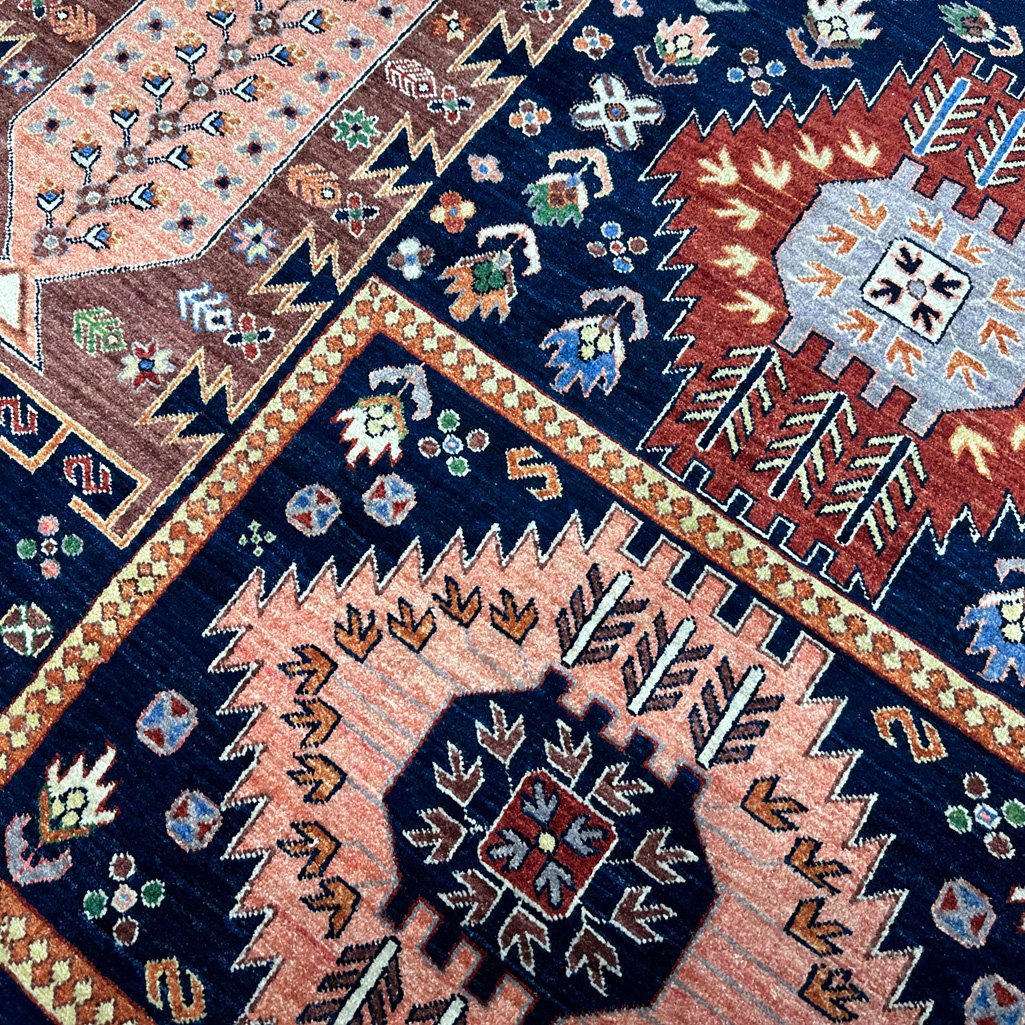 El Dokuma Lacivert Afgan Veziri Kabile Yün Halı (310x430 cm) - Görsel 3