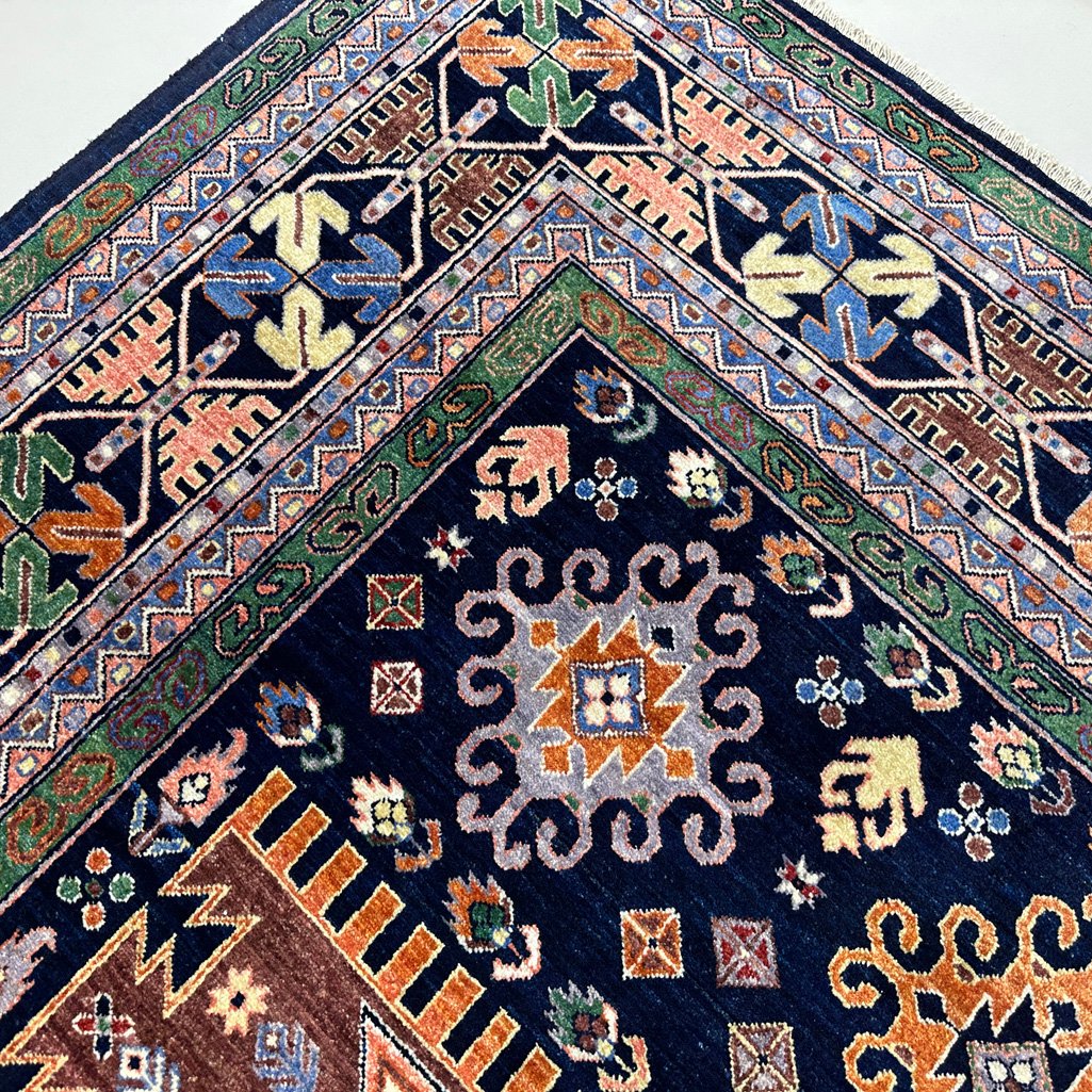 El Dokuma Lacivert Afgan Veziri Kabile Yün Halı (310x430 cm) - Görsel 5