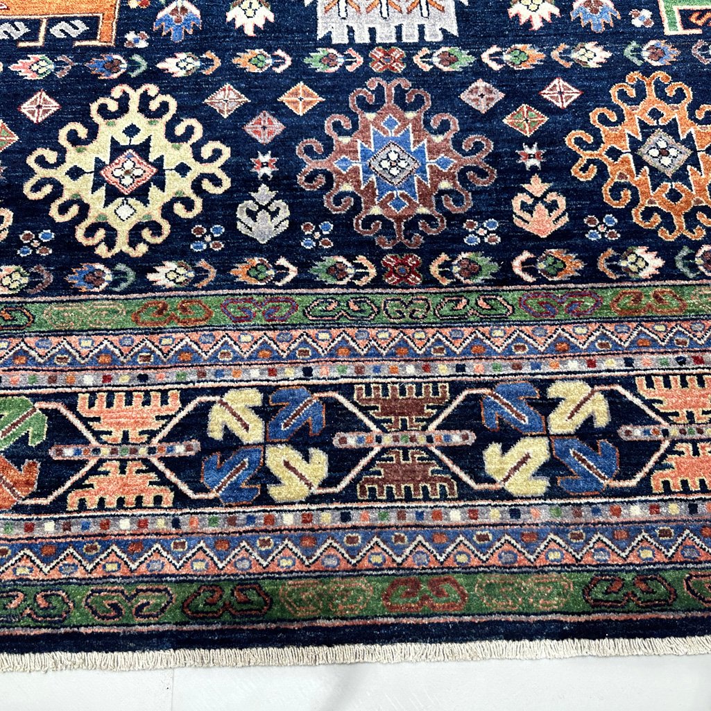 El Dokuma Lacivert Afgan Veziri Kabile Yün Halı (310x430 cm) - Görsel 6