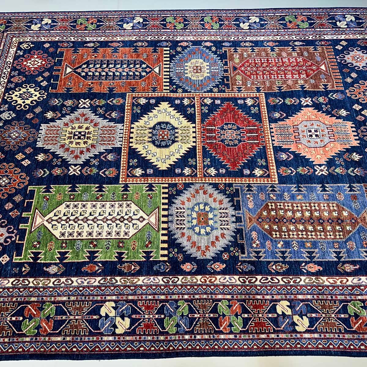 El Dokuma Lacivert Afgan Veziri Kabile Yün Halı (270x380 cm) - Görsel 7