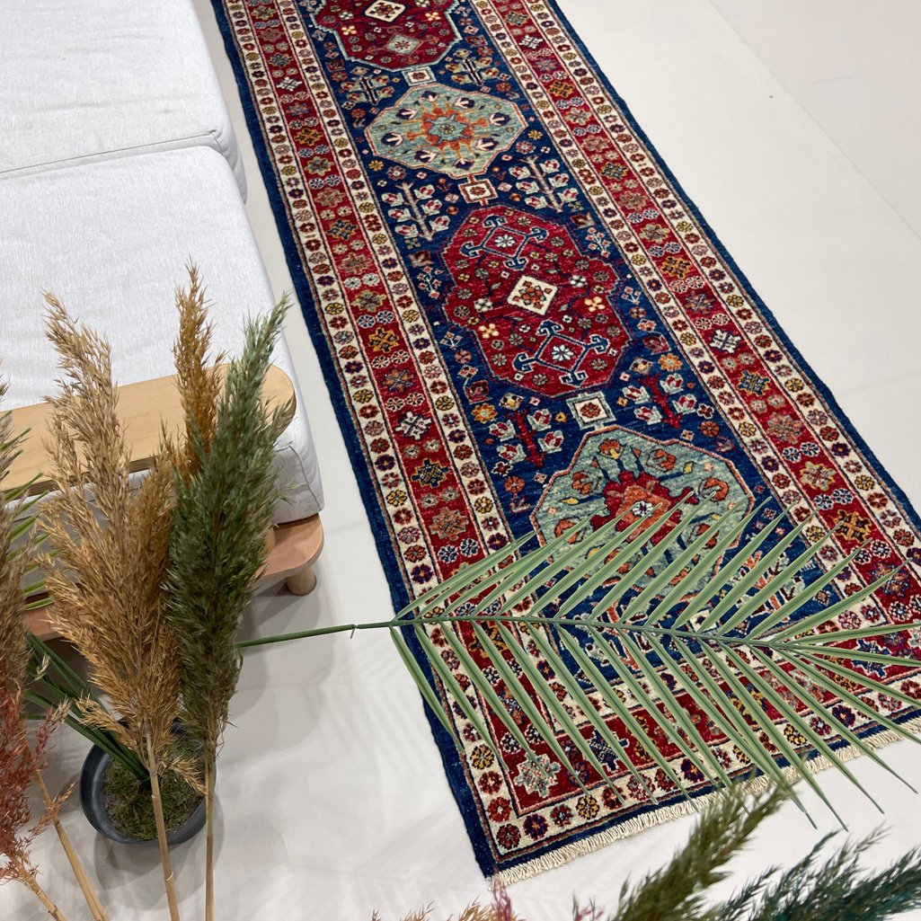 El Dokuma Lacivert Afgan Kabile Yün Yolluk Halı (80x250 cm) - Görsel 3