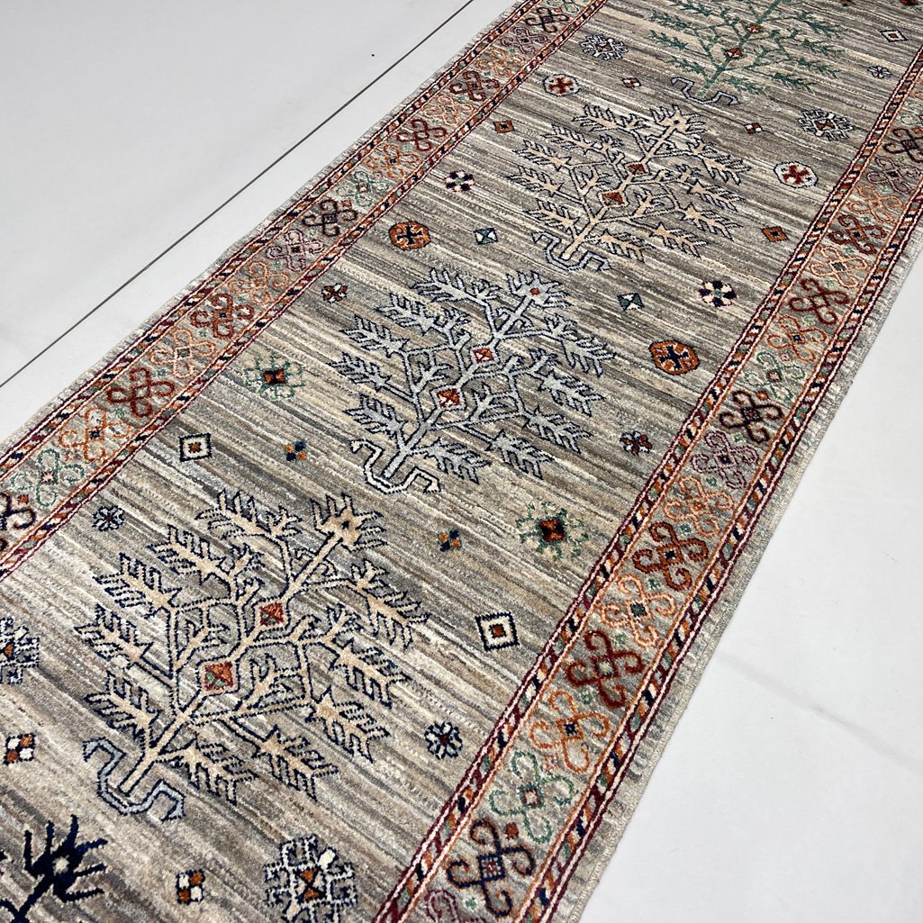 El Dokuma Natural Gri Afgan Kabile Yün Yolluk Halı (85x305 cm) - Görsel 5