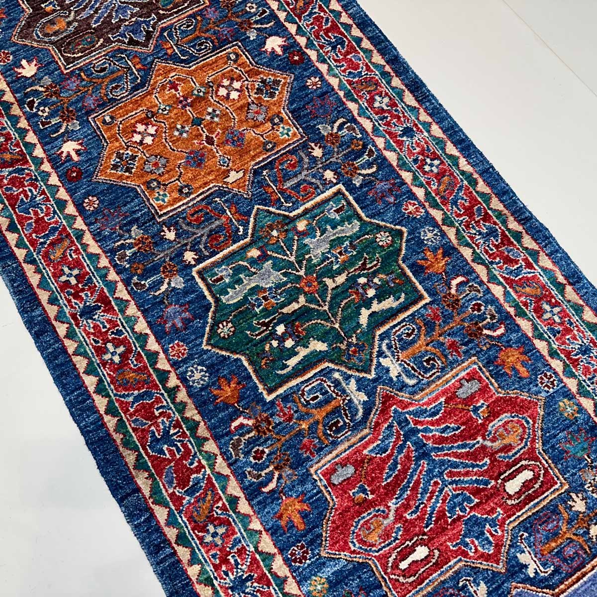 El Dokuma Mavi Afgan Kabile Yün Yolluk Halı (80x300 cm) - Görsel 3