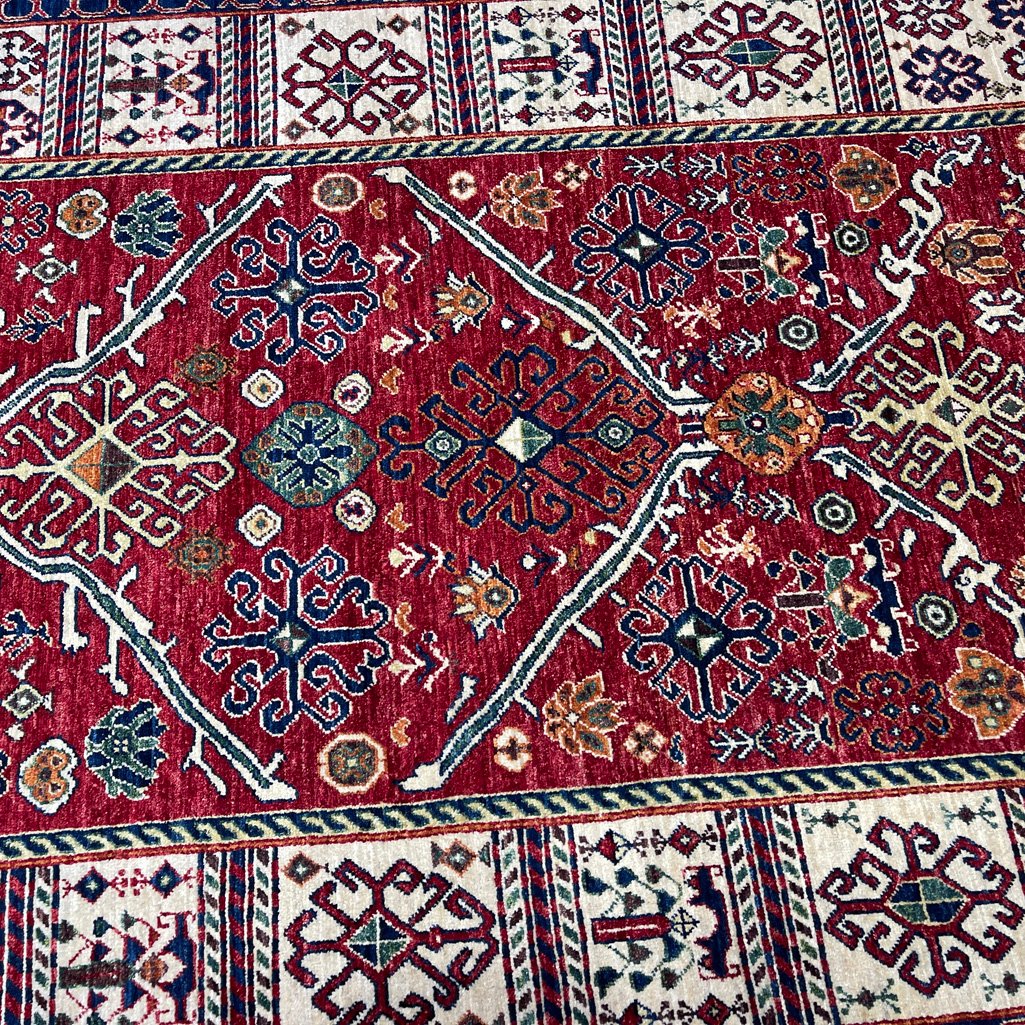 El Dokuma Kırmızı Afgan Kabile Yün Halı (150x230 cm) - Görsel 4