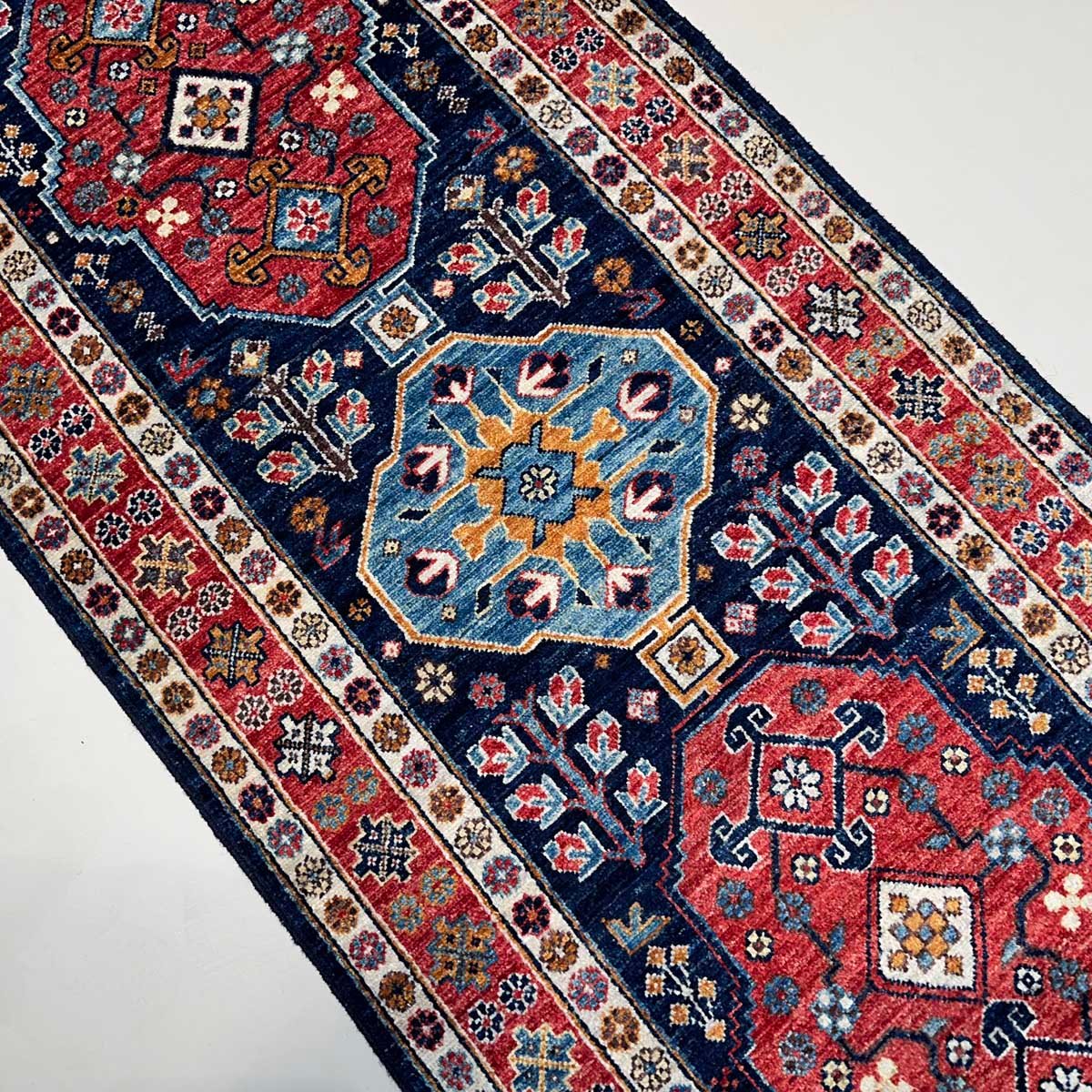 El Dokuma Lacivert Afgan Kabile Yün Yolluk Halı (80x390 cm) - Görsel 5