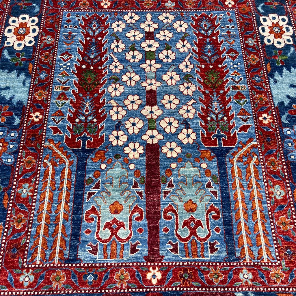 El Dokuma Mavi Ağaç Motifli Afgan Kabile Yün Halı (155x185 cm) - Görsel 5