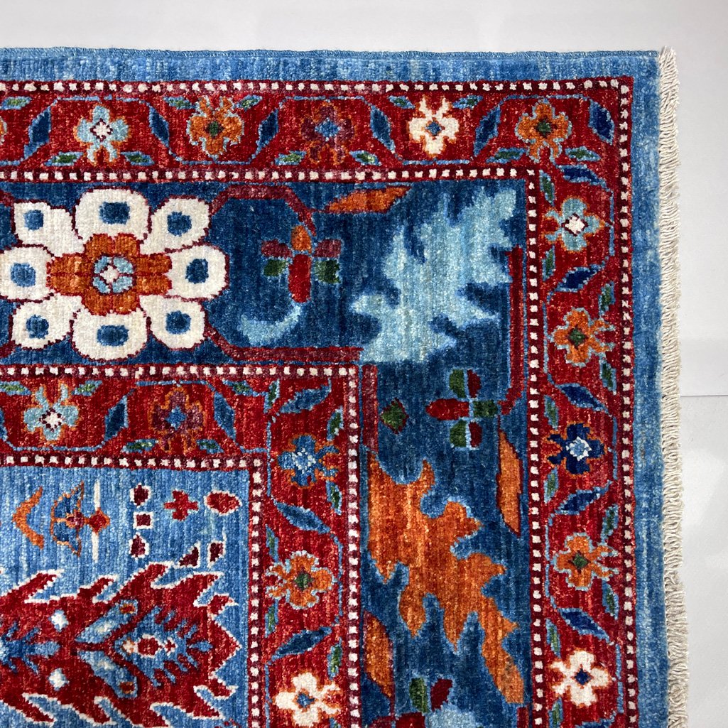 El Dokuma Mavi Ağaç Motifli Afgan Kabile Yün Halı (155x185 cm) - Görsel 8