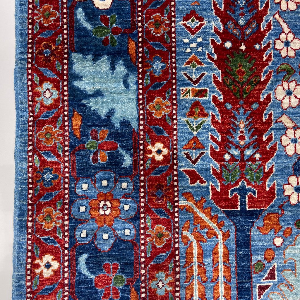 El Dokuma Mavi Ağaç Motifli Afgan Kabile Yün Halı (155x185 cm) - Görsel 2