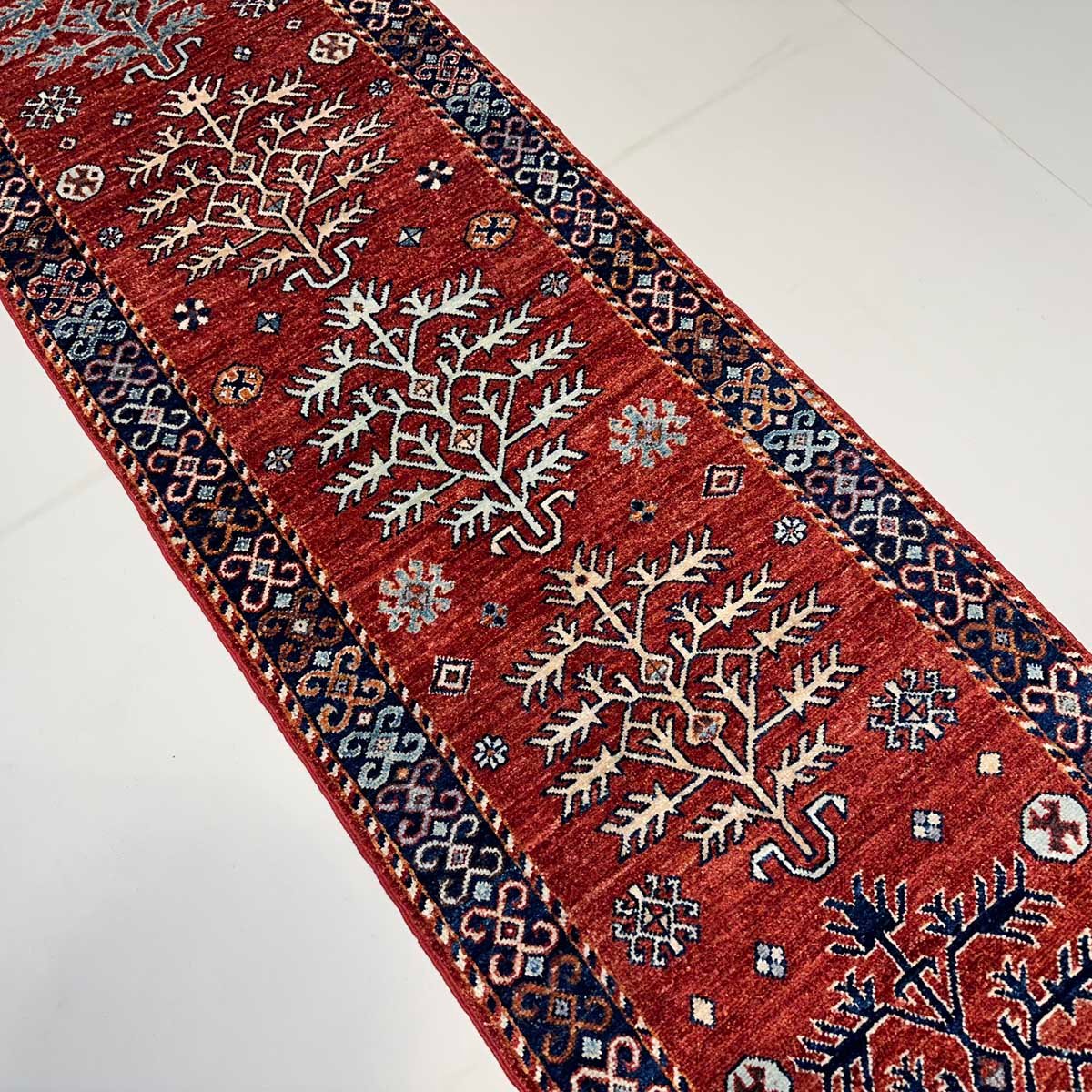 El Dokuma Kırmızı Afgan Kabile Yün Yolluk Halı (70x250 cm) - Görsel 3