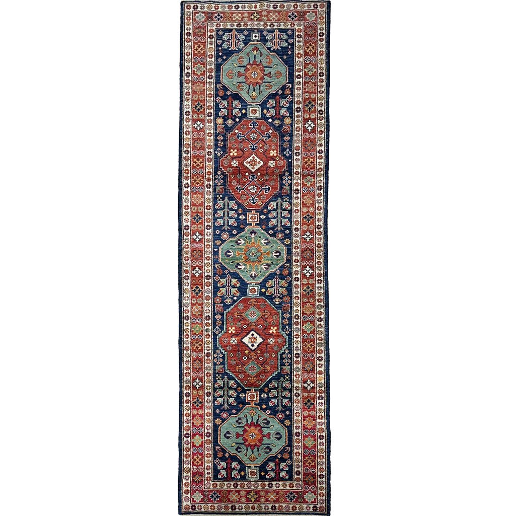 El Dokuma Lacivert Afgan Kabile Yün Yolluk Halı (85x300 cm)