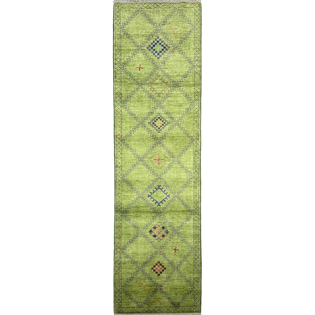 El Dokuma Yeşil Modern Yün Yolluk Halı (80x300 cm)