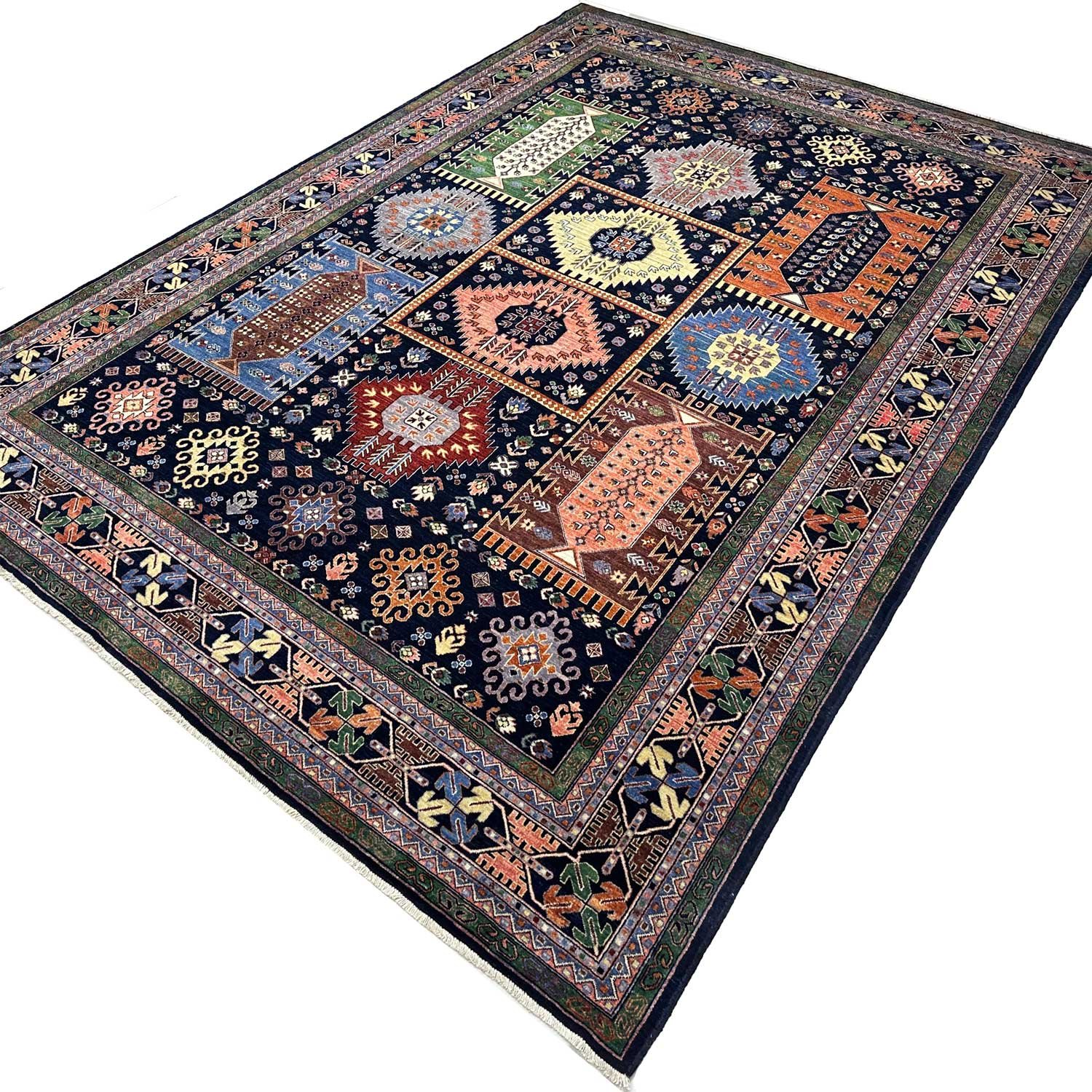 El Dokuma Lacivert Afgan Veziri Kabile Yün Halı (310x430 cm) - Görsel 4