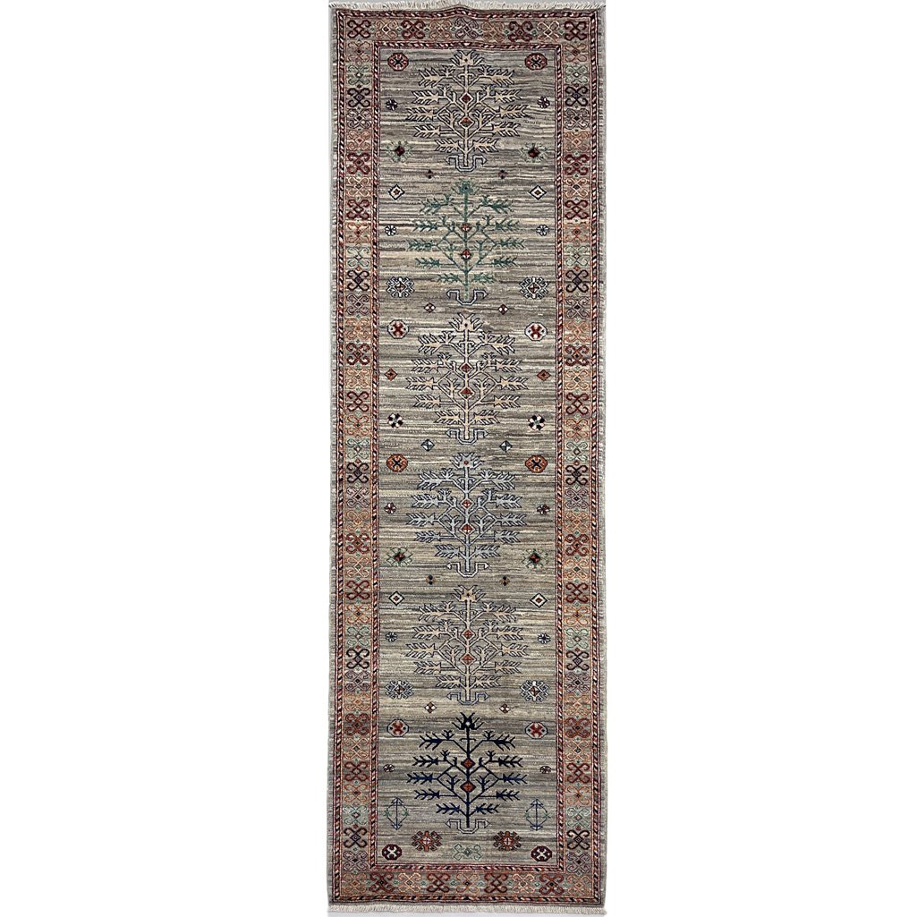 El Dokuma Natural Gri Afgan Kabile Yün Yolluk Halı (85x305 cm)