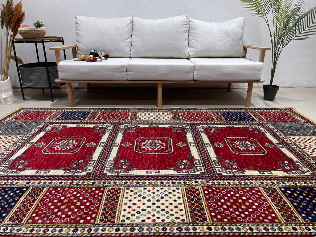 El Dokuma Afgan Kabile Kırmızı Yün Halı (150x250 cm) - Görsel 3