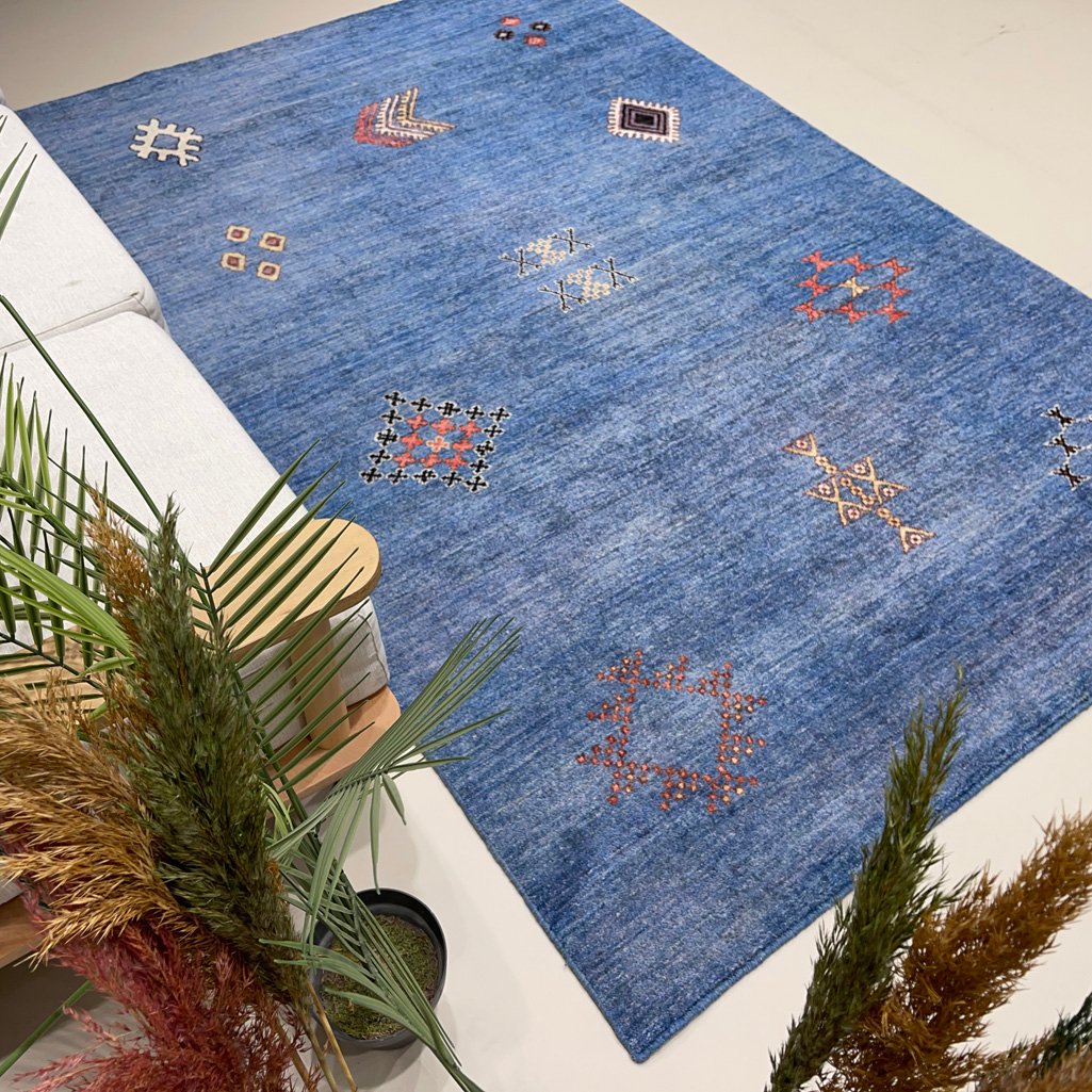 El Dokuma Mavi Modern Afgan Yün Halı (155x235 cm) - Görsel 2