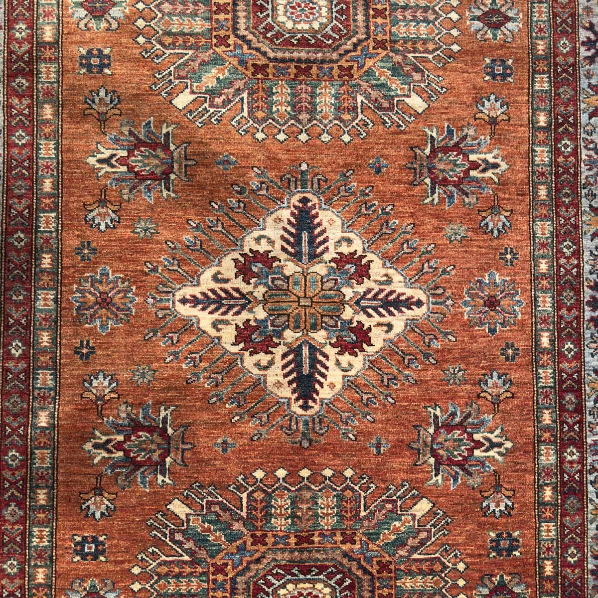 El Dokuma Turuncu Kazak Kabile Yün Halı (155x220 cm) - Görsel 2