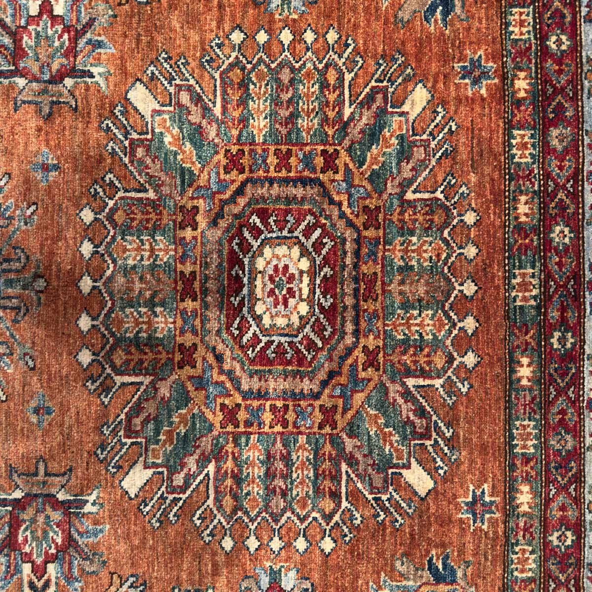 El Dokuma Turuncu Kazak Kabile Yün Halı (155x220 cm) - Görsel 8
