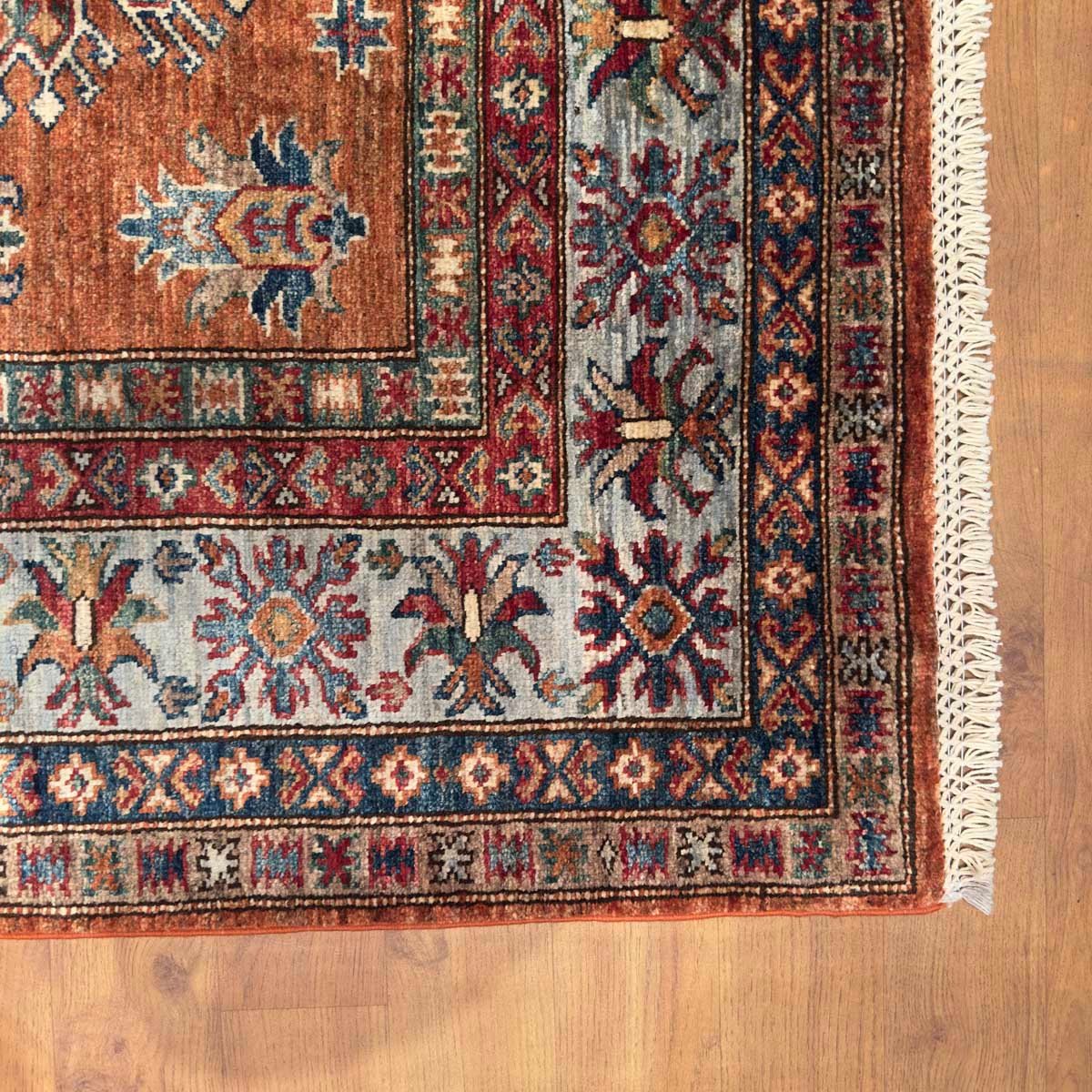 El Dokuma Turuncu Kazak Kabile Yün Halı (155x220 cm) - Görsel 9