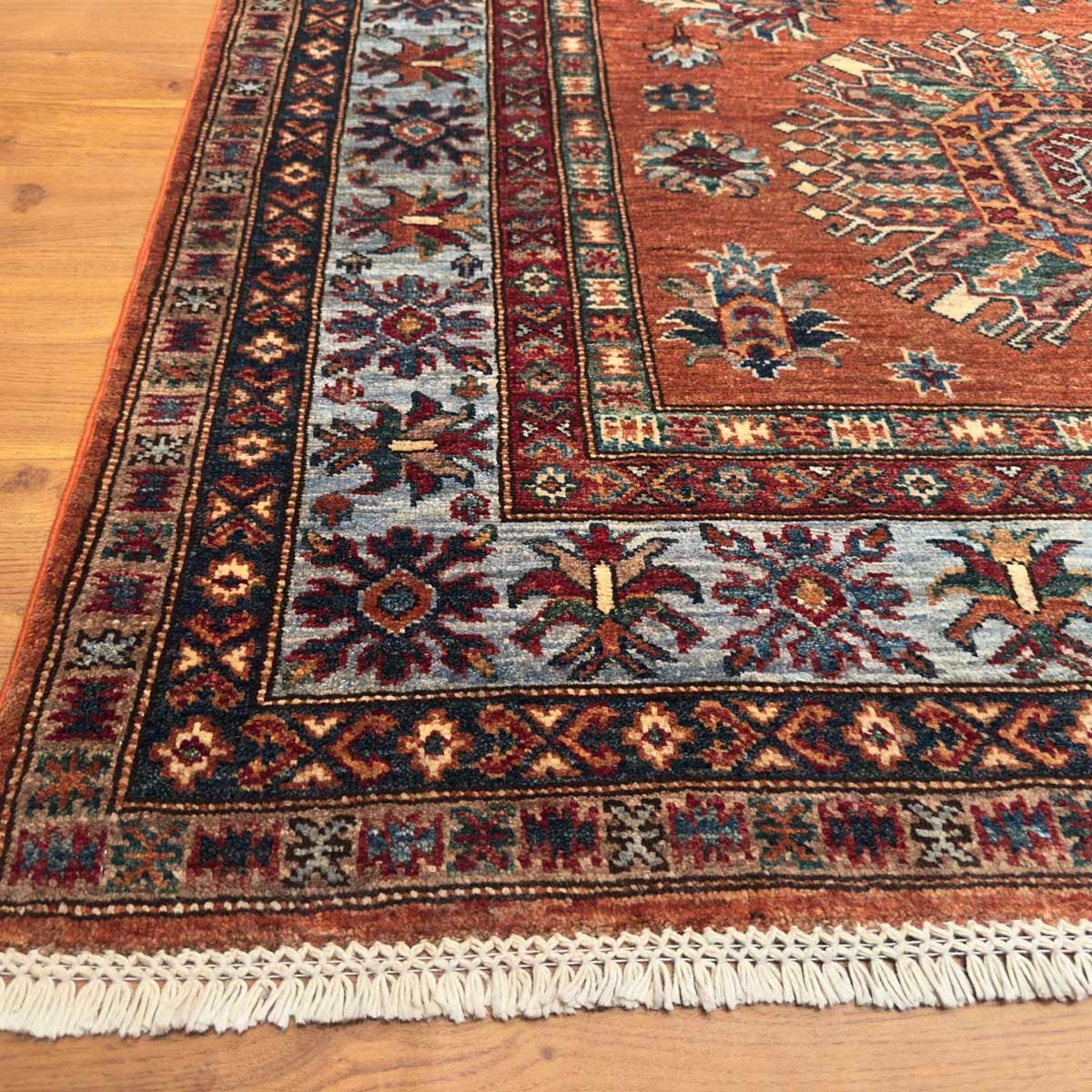 El Dokuma Turuncu Kazak Kabile Yün Halı (155x220 cm) - Görsel 6