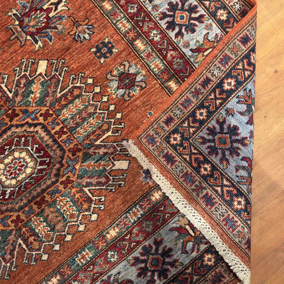 El Dokuma Turuncu Kazak Kabile Yün Halı (155x220 cm) - Görsel 4