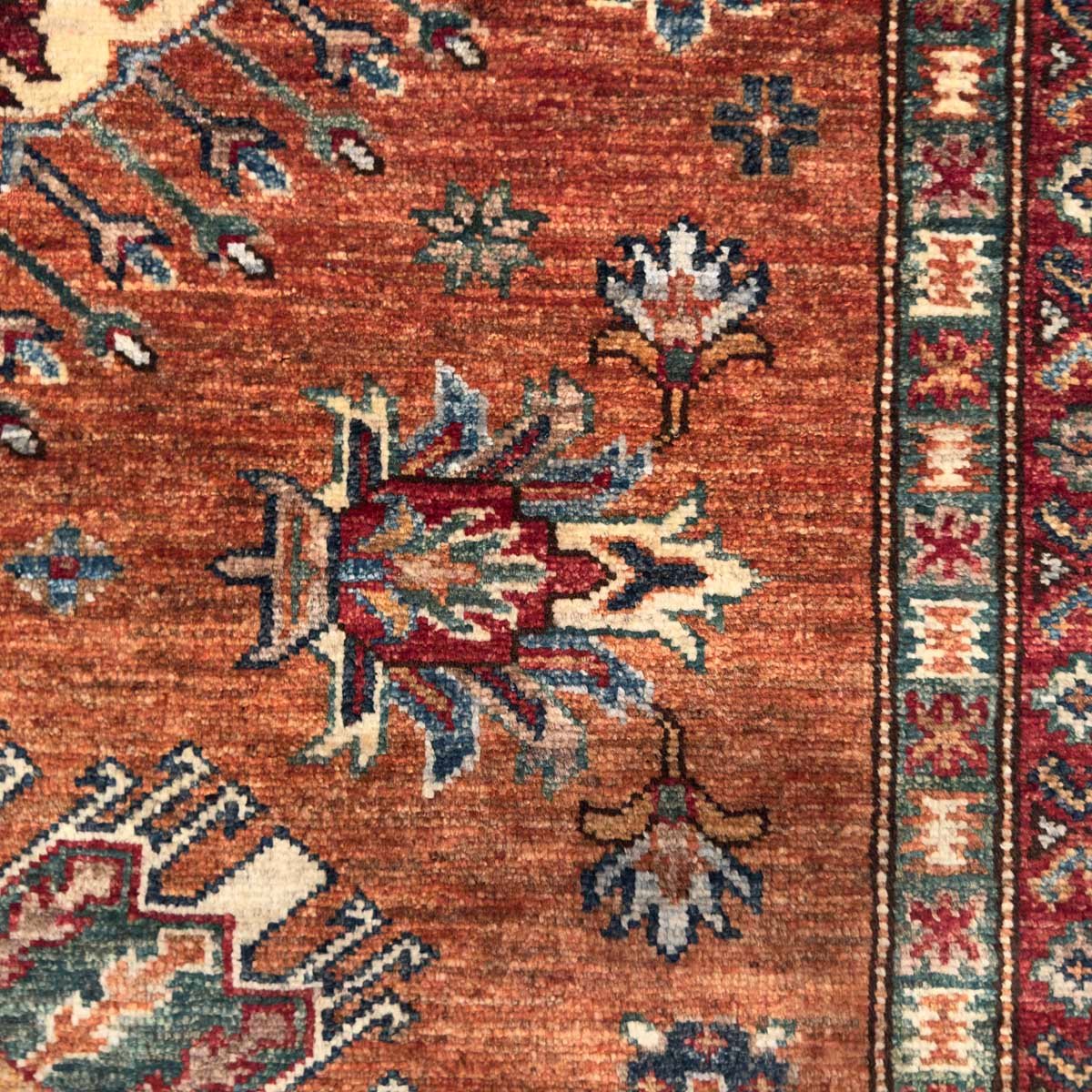 El Dokuma Turuncu Kazak Kabile Yün Halı (155x220 cm) - Görsel 7