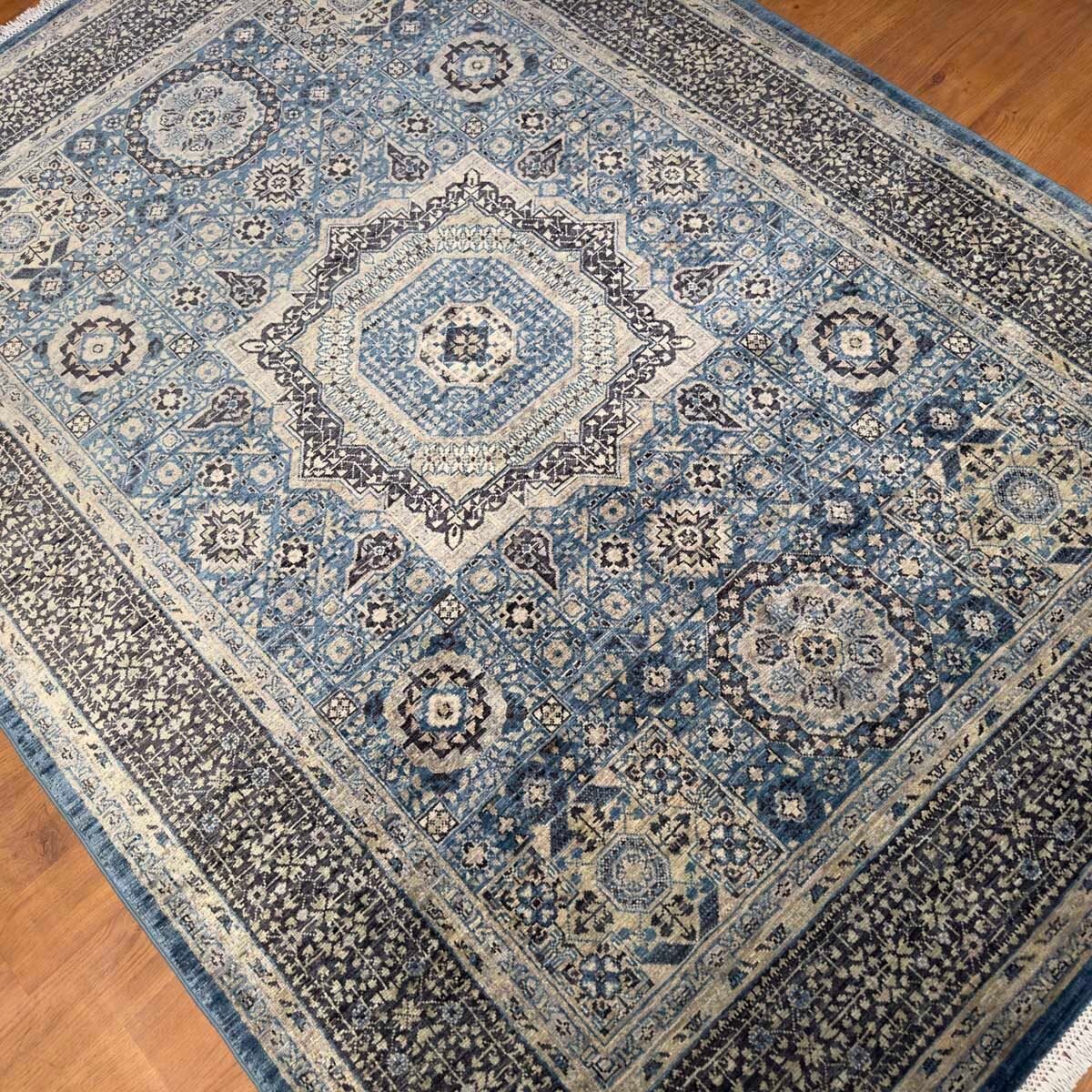 El Dokuma Premium Mavi Memlük Yün Halı (150x210 cm) - Görsel 7