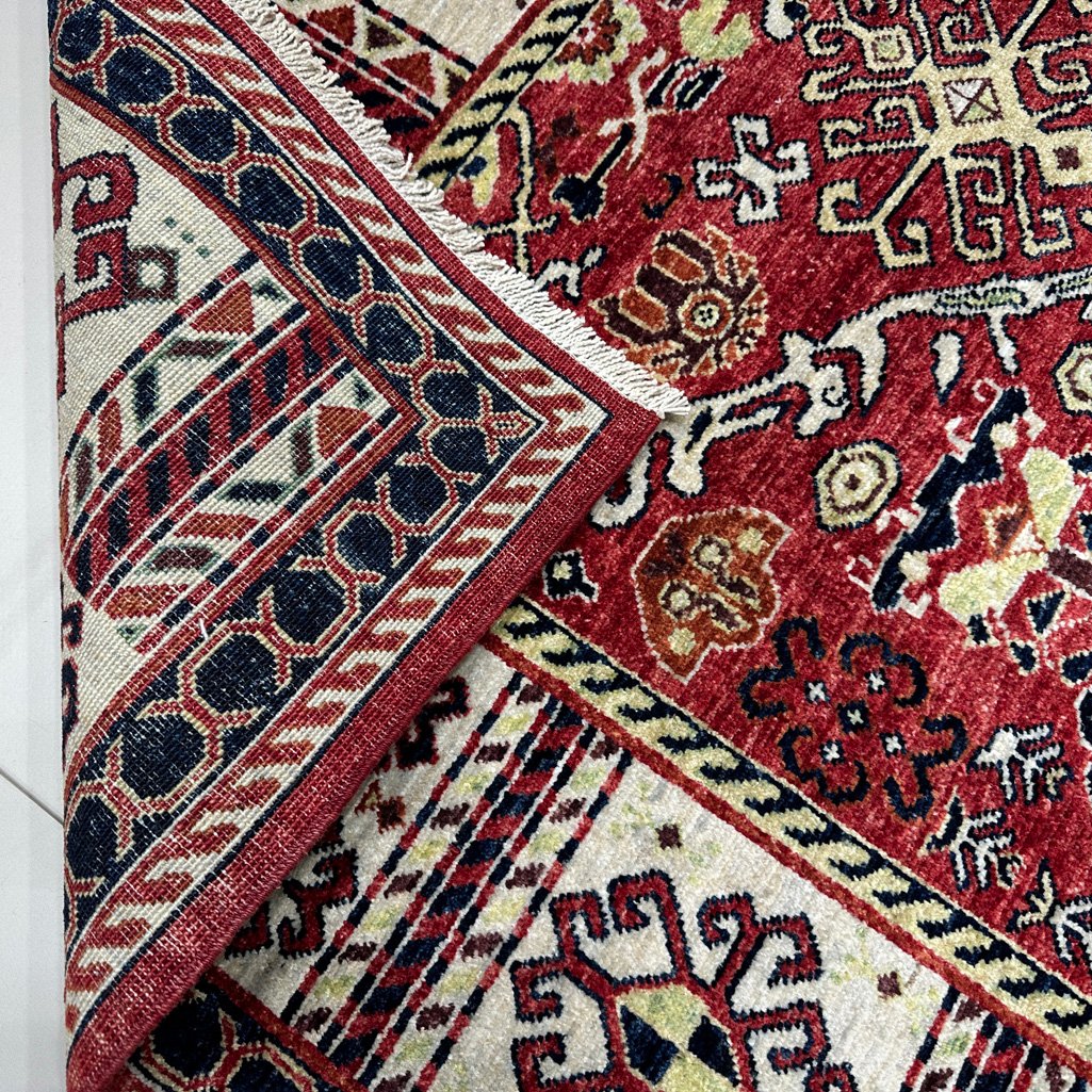 El Dokuma Kırmızı Afgan Kabile Yün Halı (155x215 cm) - Görsel 7