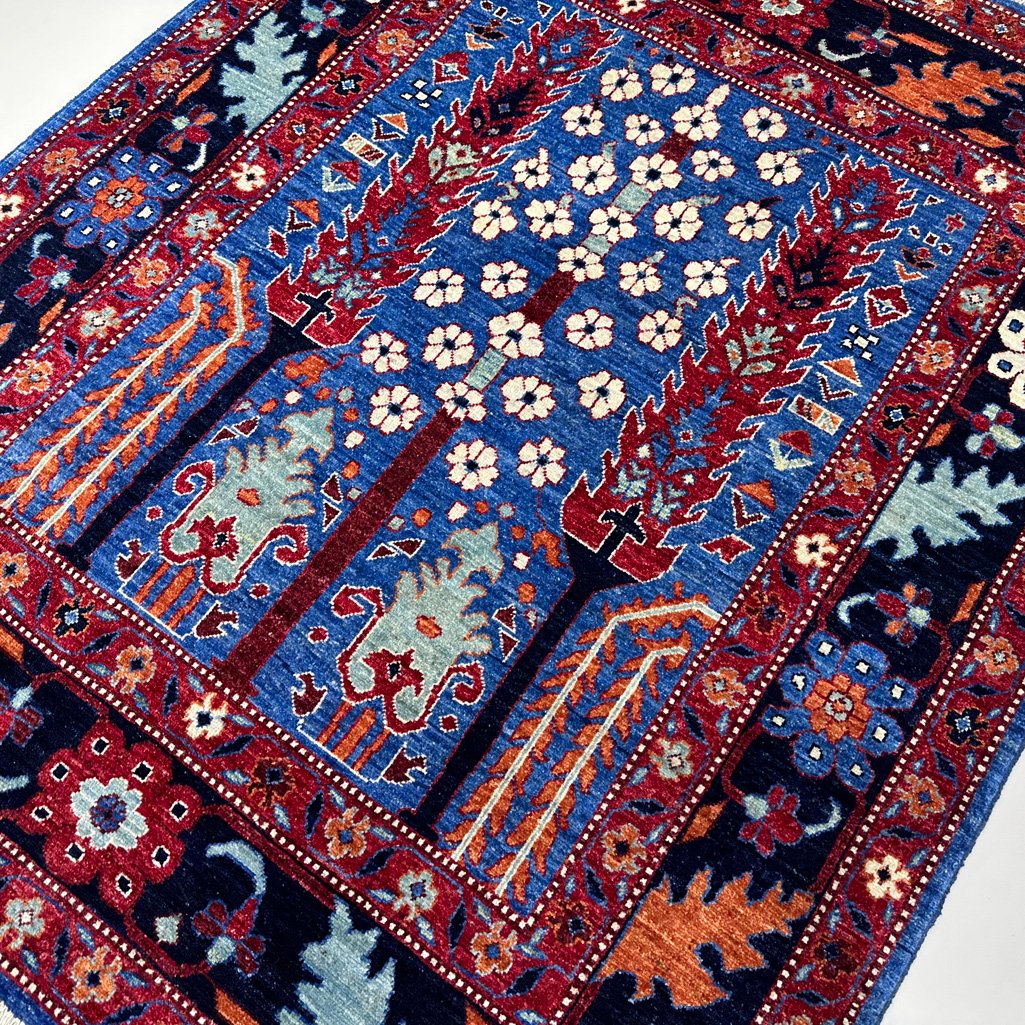El Dokuma Mavi Ağaç Motifli Yün Halı (150x185 cm) - Görsel 7