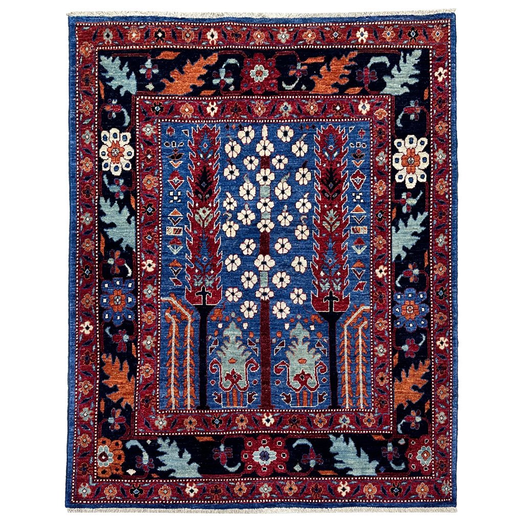 El Dokuma Mavi Ağaç Motifli Yün Halı (150x185 cm)