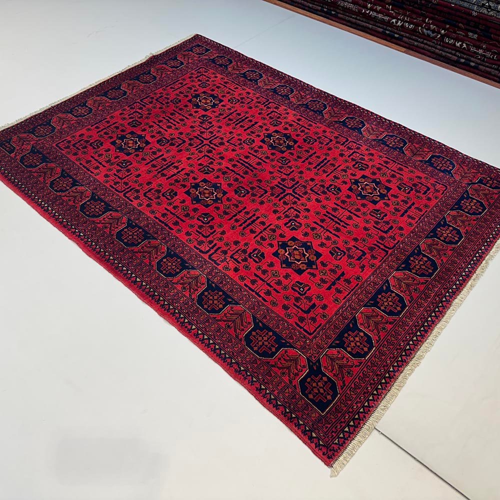 El Dokuma Yıldız Desenli Kırmızı Afgan Yün Halı (150x205 cm) - Görsel 7