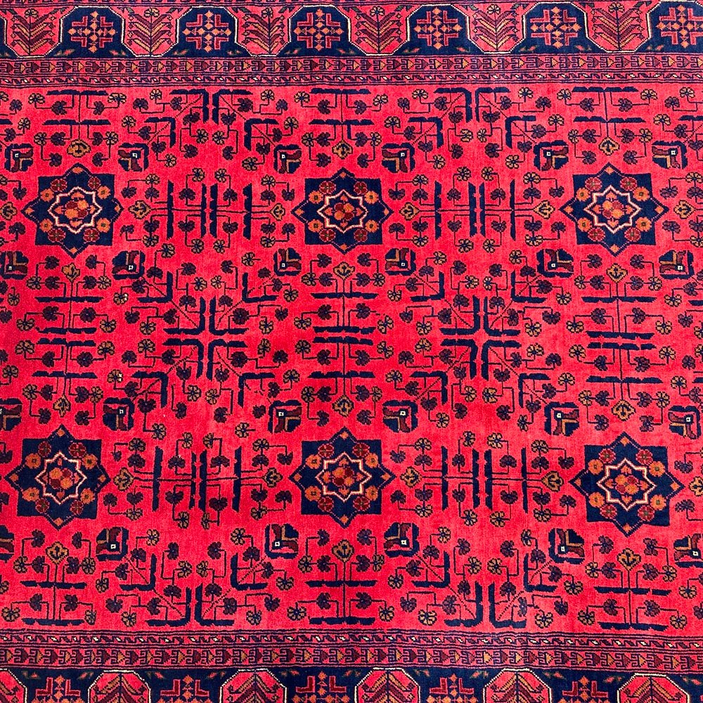 El Dokuma Yıldız Desenli Kırmızı Afgan Yün Halı (150x205 cm) - Görsel 2