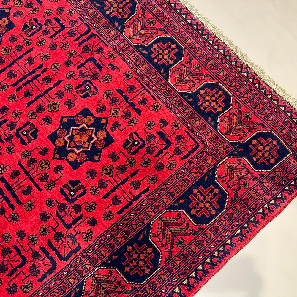 El Dokuma Yıldız Desenli Kırmızı Afgan Yün Halı (150x205 cm) - Görsel 4