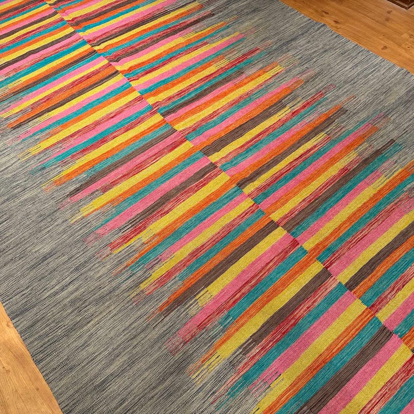 El Dokuma Renkli Modern Yün Kilim (200x300 cm) - Görsel 7