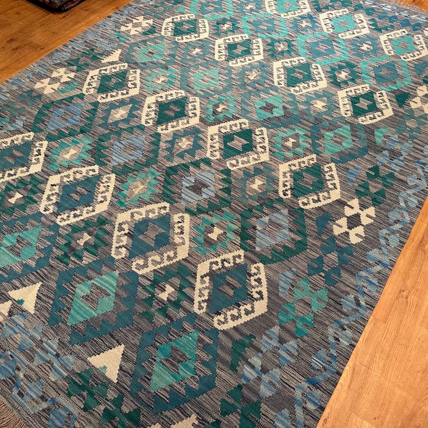 El Dokuma Turkuaz Anadolu Desenli Yün Kilim (205x295 cm) - Görsel 7