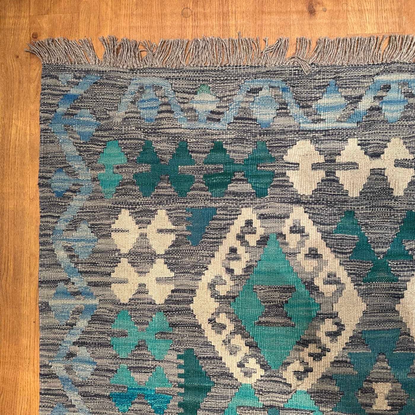 El Dokuma Turkuaz Anadolu Desenli Yün Kilim (205x295 cm) - Görsel 4