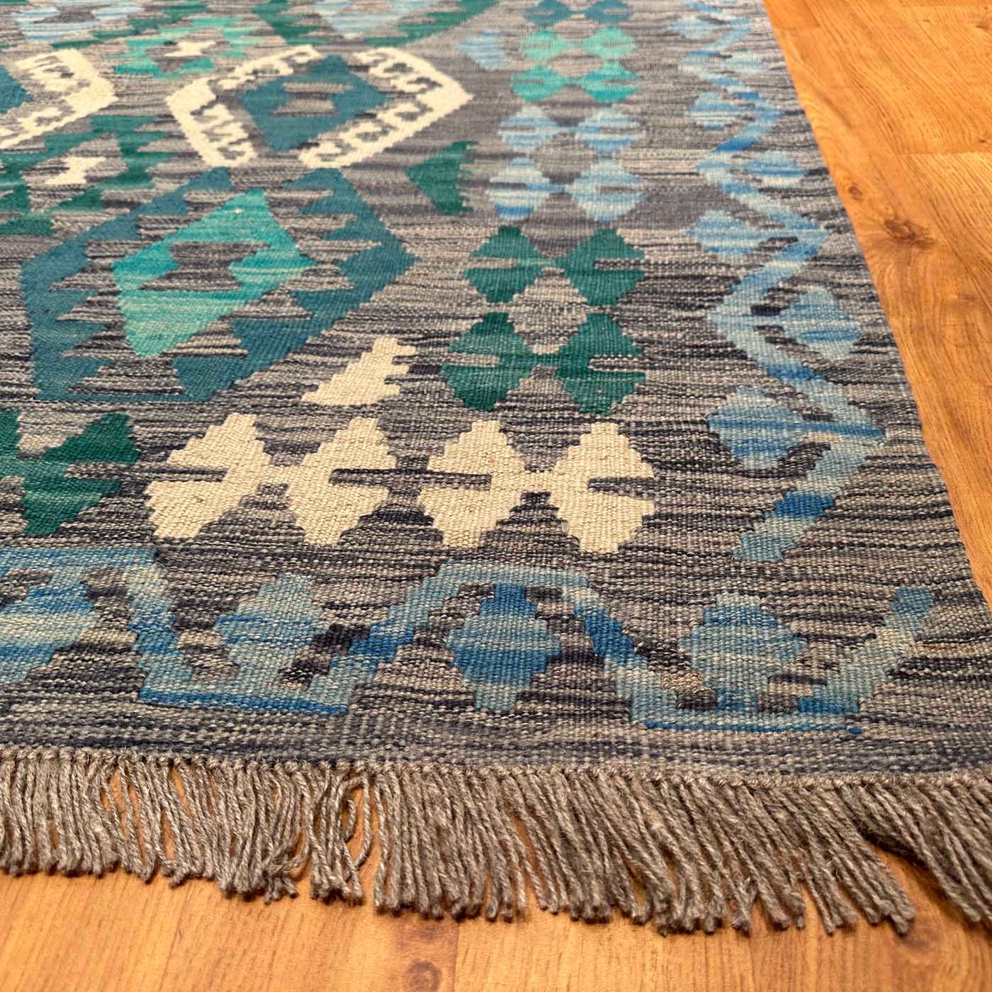 El Dokuma Turkuaz Anadolu Desenli Yün Kilim (205x295 cm) - Görsel 8