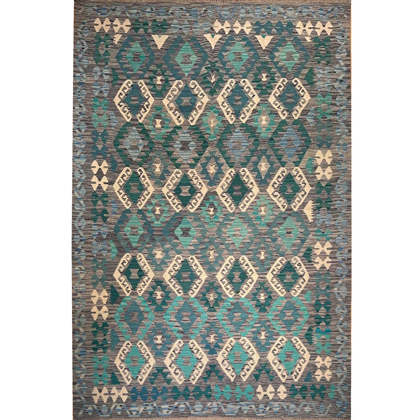 El Dokuma Turkuaz Anadolu Desenli Yün Kilim (205x295 cm)