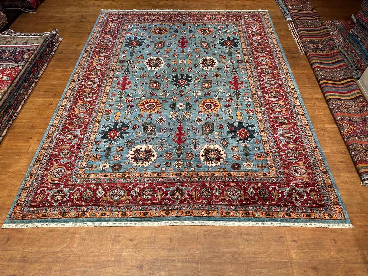 El Dokuma Turkuaz Türk Uşak Yün Halı (280x370 cm) - Görsel 8
