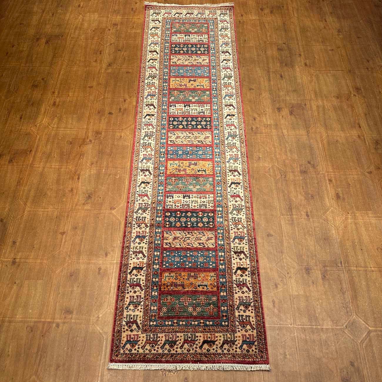 El Dokuma Figürlü Afgan Kabile Yün Yolluk Halı (80x300 cm) - Görsel 8