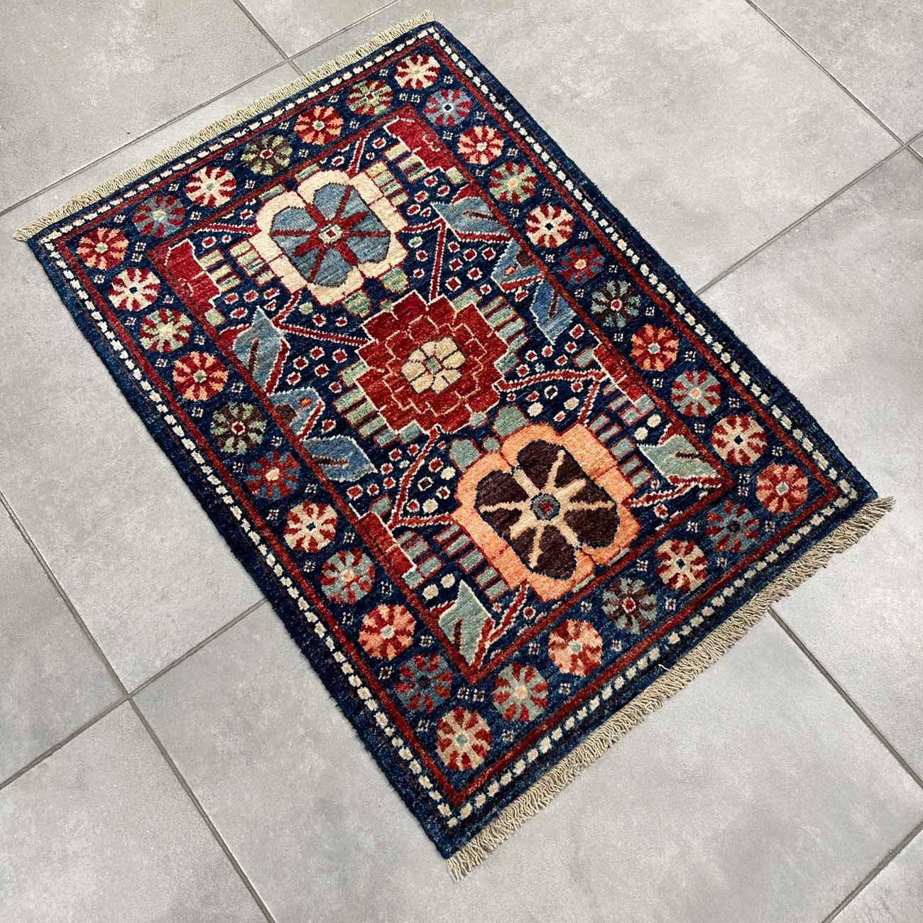 El Dokuma Mavi Afgan Kabile Yün Mini Halı (65x90 cm) - Görsel 6